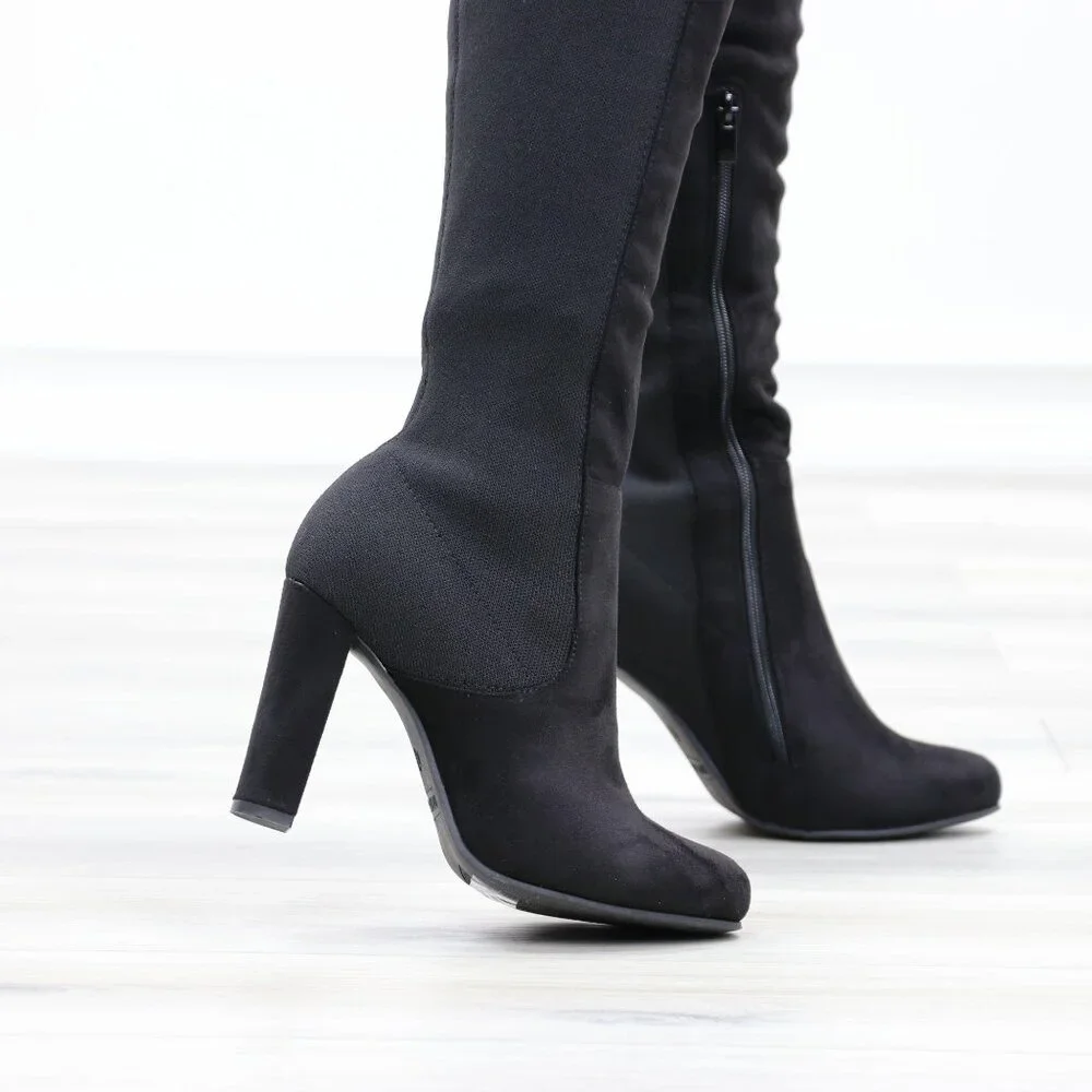 Black Over-the-Knee Boots Pointed Toe Faux Suede High Block Heel